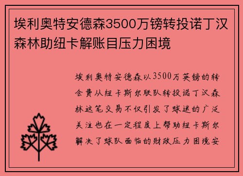 埃利奥特安德森3500万镑转投诺丁汉森林助纽卡解账目压力困境 埃利奥特安德森3500万镑转投诺丁汉森林助纽卡解账目压力困境