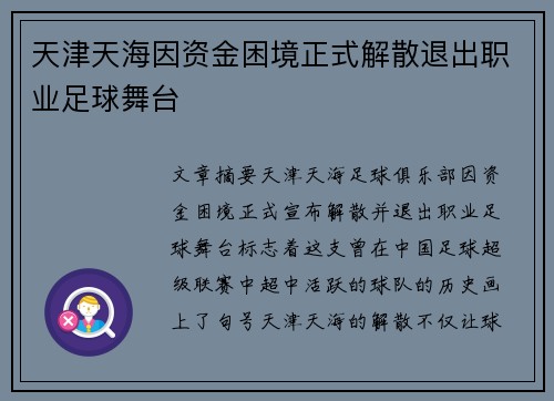 天津天海因资金困境正式解散退出职业足球舞台